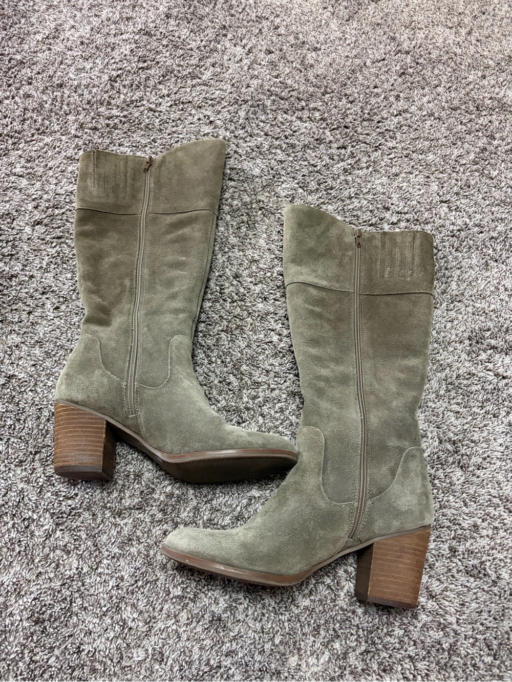 Crown Vintage Olive Suede Mid-Calf Block Heel Boots
